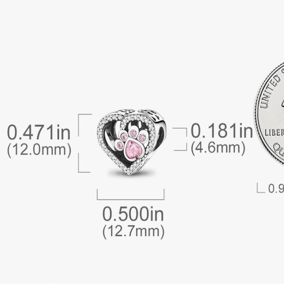 Puppy paw print with pink dog bone heart charm sterling 925 - Picture 3 of 3